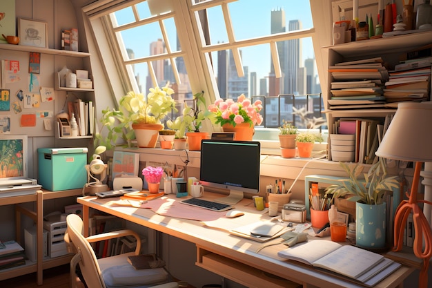 Stylish workstation in room with city view