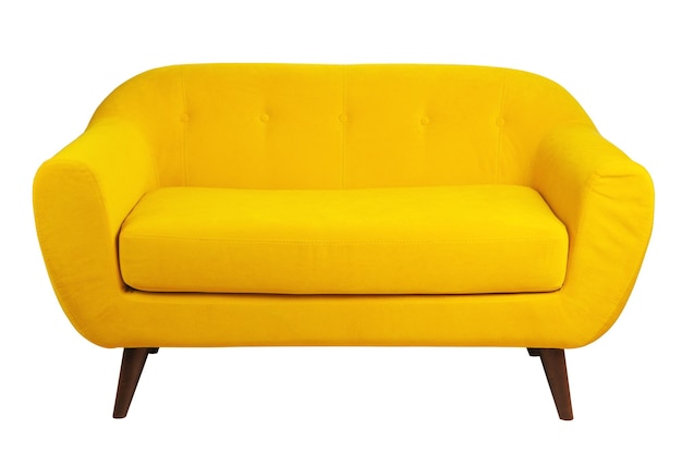 stylish yellow sofa with wooden legs in retro style isolated on a white background