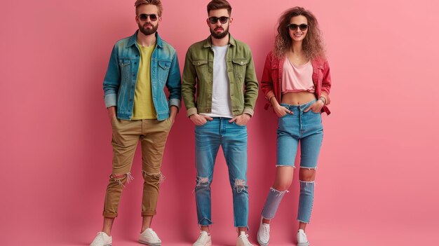 Photo stylish young adults showcase spring fashion trends against a pink backdrop