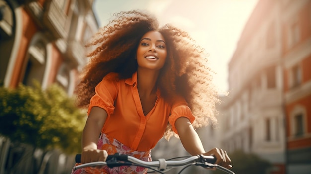 Stylish young african woman riding a bicycle in the city black cyclist on bike moving urban street