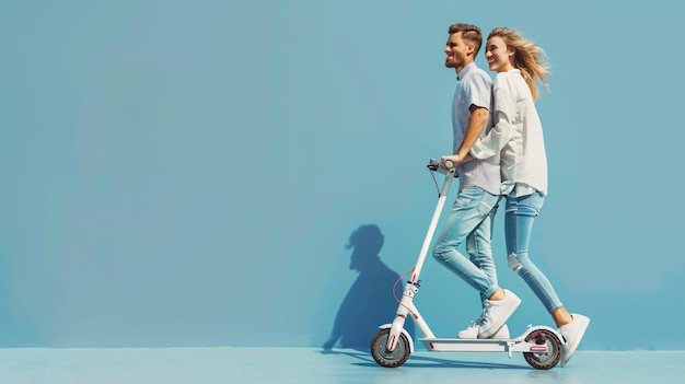 Photo stylish young couple enjoying ride on modern electric kick scooter