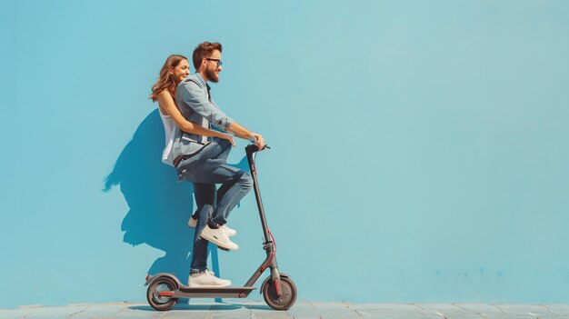 Photo stylish young couple enjoying ride on modern electric kick scooter