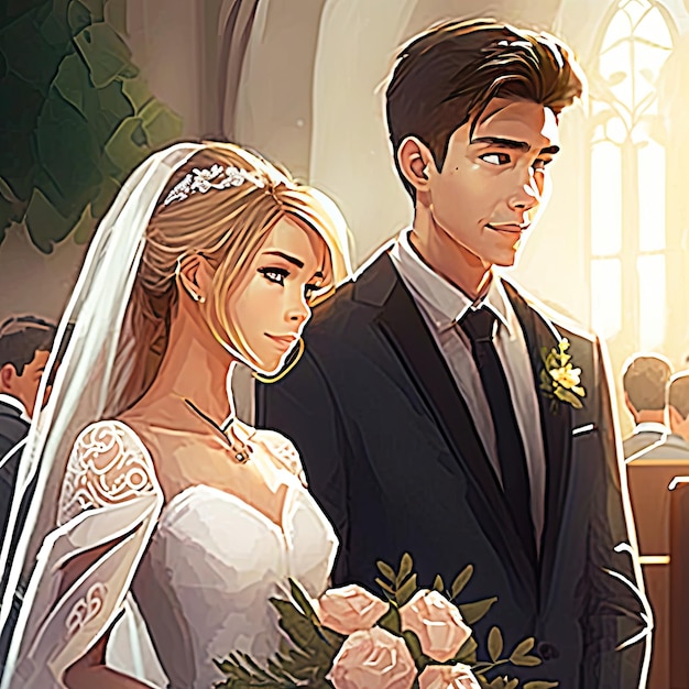 Stylish young couple on wedding ceremony happy cartoon characters ai generated illustration Man and woman in bridal gown marry husband and wife on marriage bride with beautiful flower bouquet