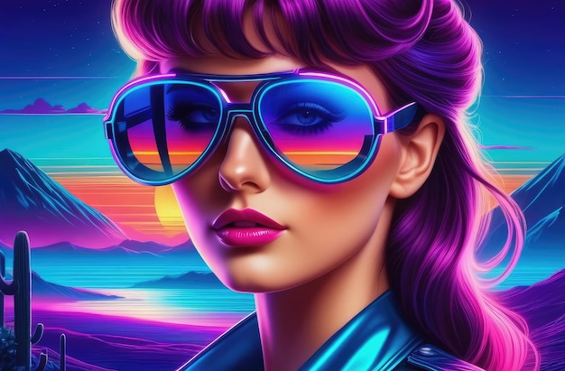 Photo stylish young female wearing sunglasses at sunset 3d virtual reality retro landscape in 1980s style