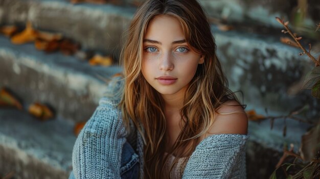 Stylish young girl poses gracefully on outdoor steps surrounded by autumn leaves