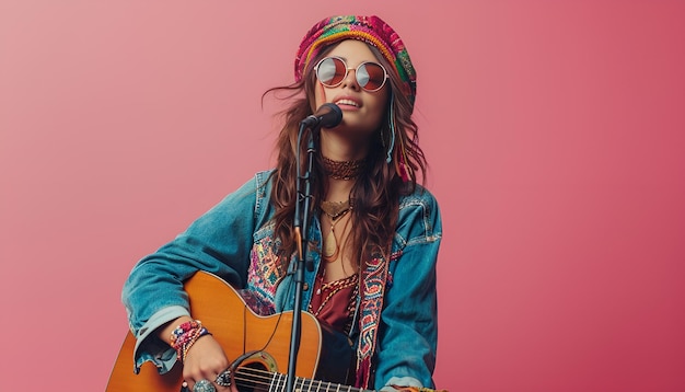 Photo stylish young hippie woman playing guitar on pink background