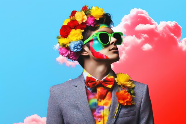 Stylish Young Male Model with Beard and Sunglasses Posing in a Studio Fashionable Portrait of a Handsome Caucasian Guy in a White Suit on Colorful Background