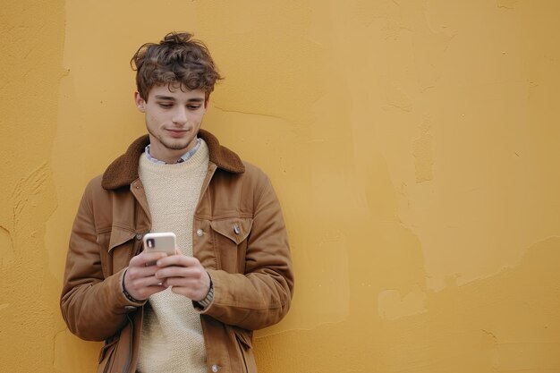 Photo stylish young male texting on his mobile phone