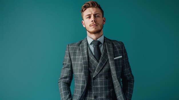 Photo stylish young man dressed in a sharp tailored suit with hands in pockets