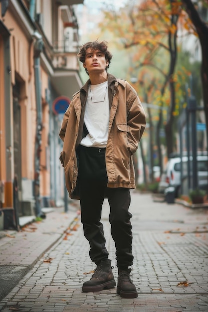 Photo stylish young man in a green jacket and sunglasses confidently posing in an urban setting