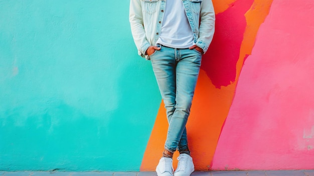 Photo stylish young man in jeans on colorful background