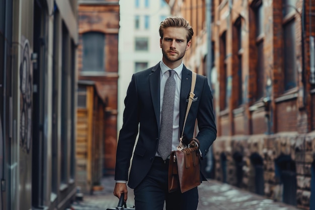 Photo stylish young man in suit and tie with briefcase