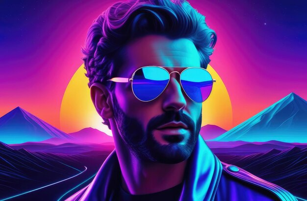 Stylish young man wearing sunglasses at sunset 3D virtual reality retro landscape in 1980s style