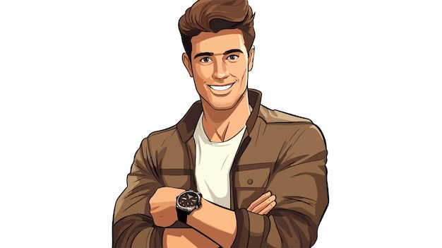 Photo stylish young man wearing trendy wristwatch cartoon portrait