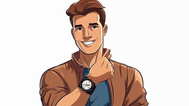 Photo stylish young man wearing trendy wristwatch cartoon portrait