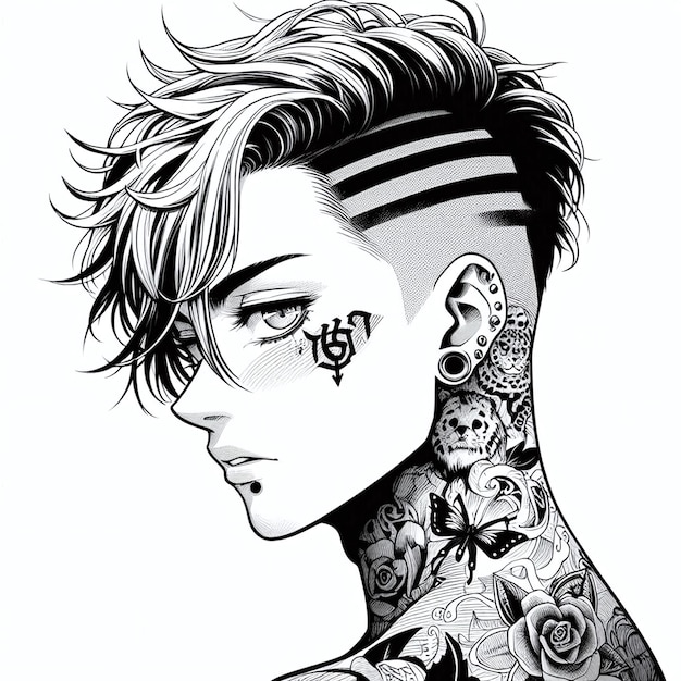 Photo stylish young man with tattoos illustration manga style