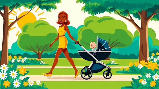 Photo stylish young mother walking with a stroller in the park in summer cartoon style flat design illus