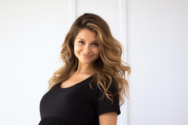 Stylish young pregnant woman in a black short dress on a white background