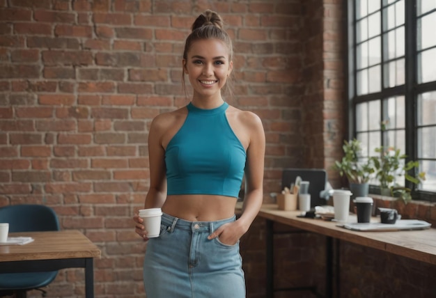 A stylish young woman in a blue crop top smiles in a modern office setting holding a cup of coffee