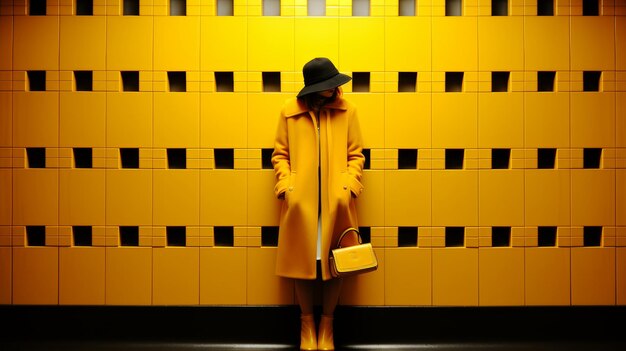 Stylish young woman in a bright yellow coat standing against a vibrant yellow wall