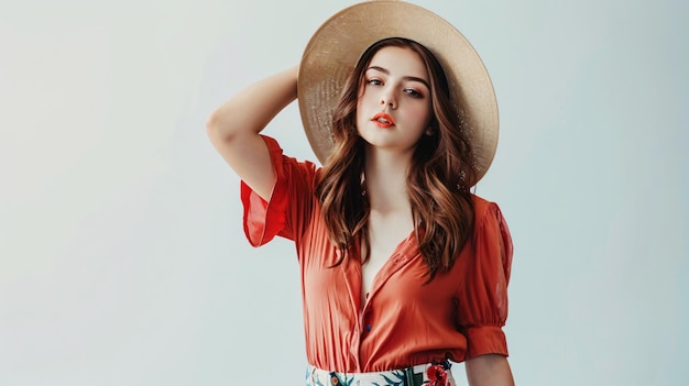 Stylish Young Woman in Fashionable Hat Blouse Skirt on White Background