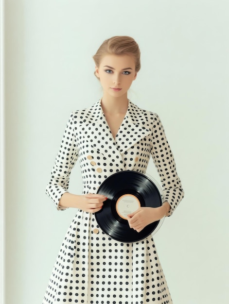 Photo stylish young woman holding vinyl record in tamara de lempicka inspired mod fashion portrait