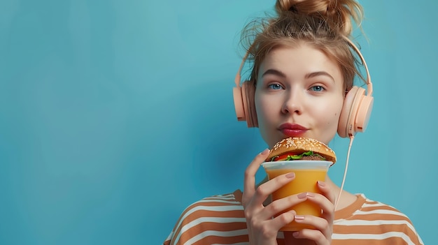 Stylish young woman listening to music in headphones eating burger fast food holding Generative AI