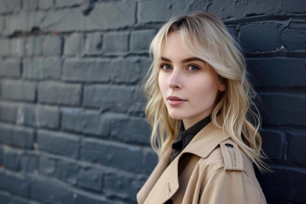 Stylish young woman posing against brick wall