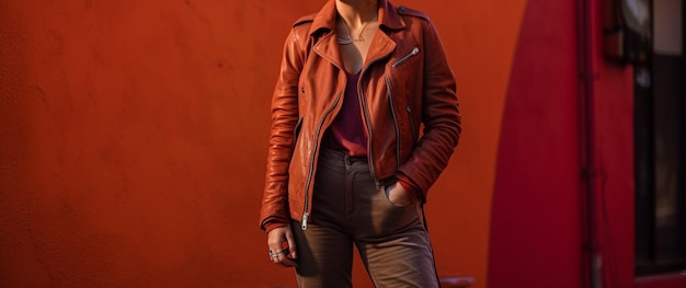 Stylish young woman in sunglasses and leather jacket posing on red wallgenerative ai