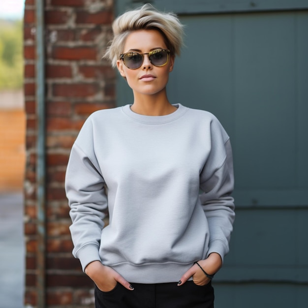 Photo stylish young woman wearing a gray sweatshirt and sunglasses posing confidently against a rustic brick background