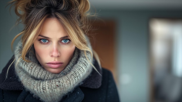 Stylish young woman in winter outfit with intense gaze