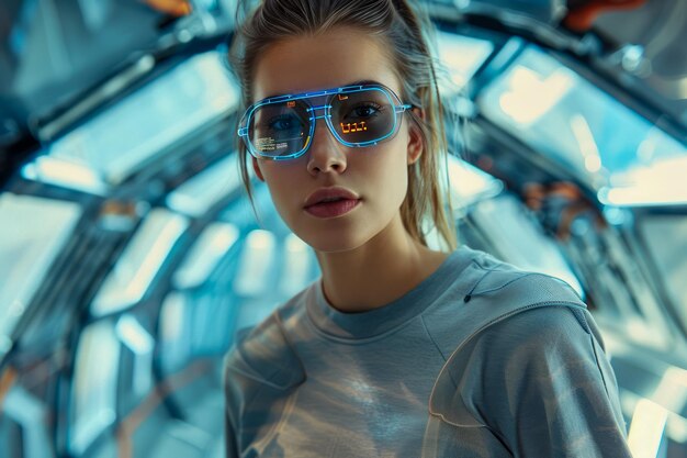 Stylish Young Woman with Futuristic Sunglasses Posing Inside Modern Structure