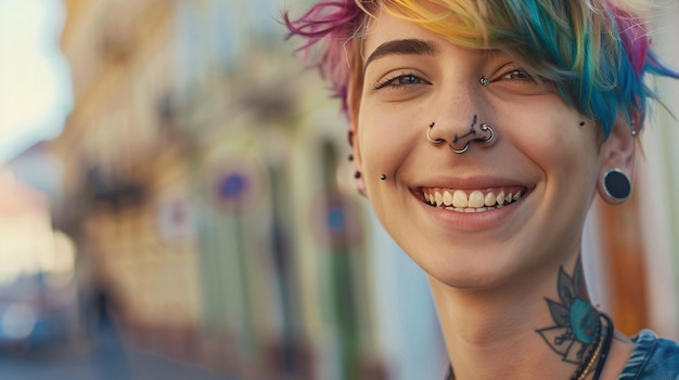 Stylish young woman with tattoos and piercings smiling in an urban outdoor setting