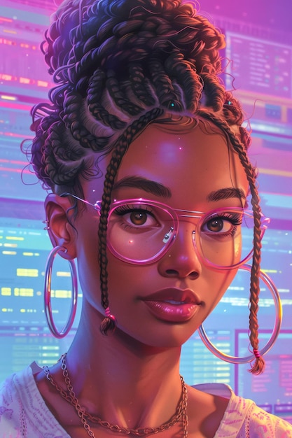 Photo stylish young woman with trendy eyeglasses and braided hair in neon city lights portrait