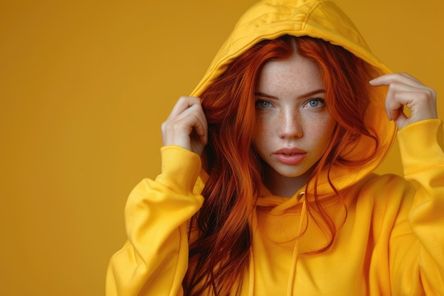 Stylish young woman in yellow hoodie with red hair