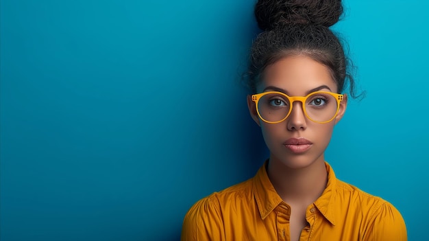 Stylish young woman in yellow with trendy glasses on blue background