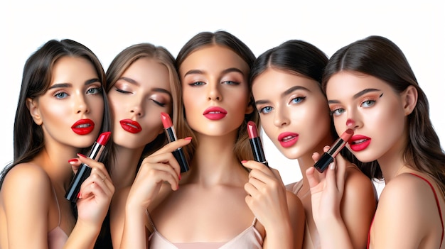 Stylish Young Women Applying Makeup and Lipstick Professionally