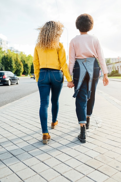 Stylish young women having friendly meeting walking in the street. LGTB concept