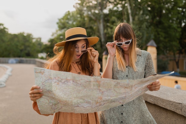 Stylish young women traveling together dressed in spring trendy dresses and accessories having fun taking photo on camera holding map