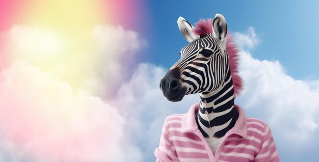 Photo stylish zebra in pink sweater dreams high amongst the clouds generative ai