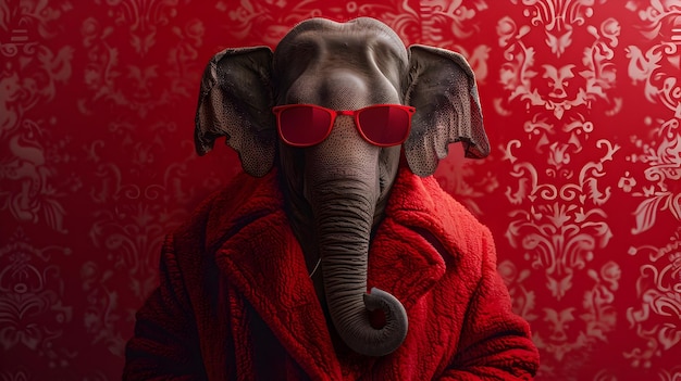 Stylishly Dressed Elephant Sporting a Red Coat and Sunglasses Against a Vibrant Patterned Backdrop