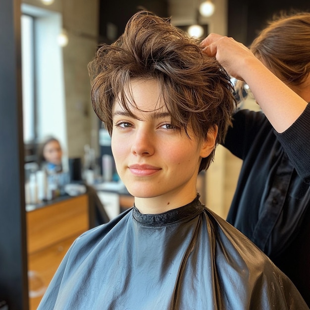 Photo a stylist creating a trendy shag haircut with textured layers