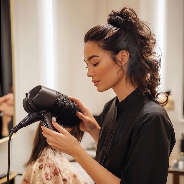 Photo a stylist demonstrating a quick blowdry technique for everyday styling