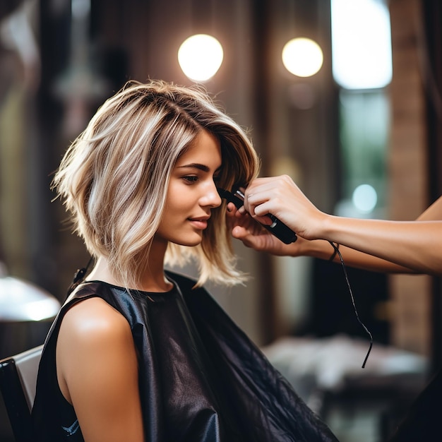 Stylist hairdresser doing haircut