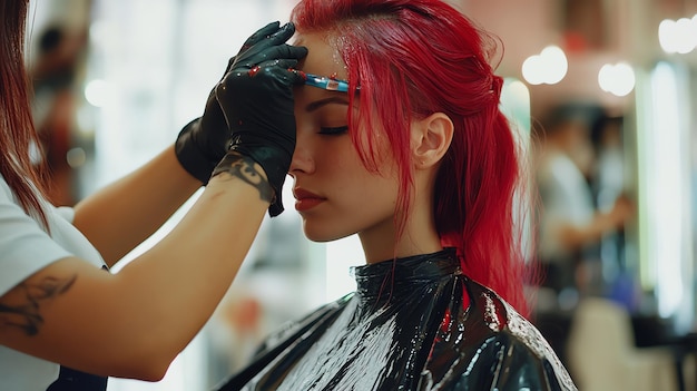 A stylist is applying bleach to a womans hair to lighten it