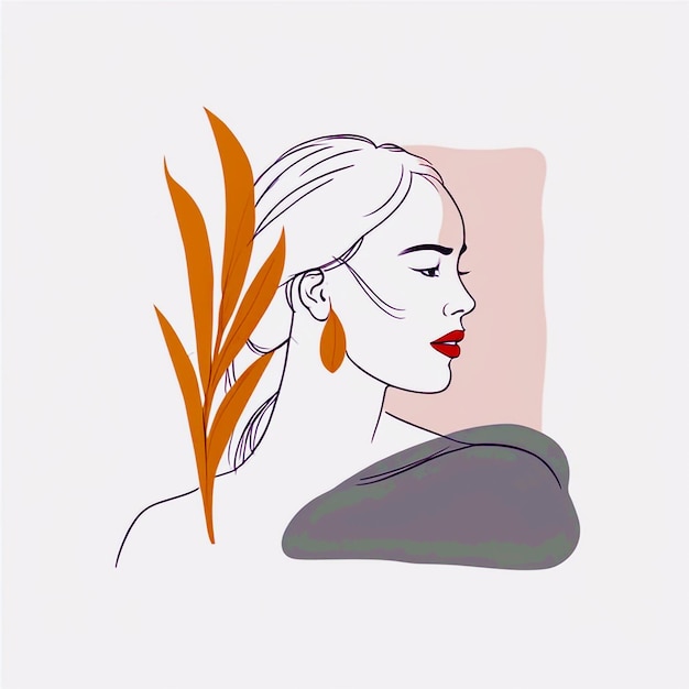 Stylist Woman head with leaf lineart illustration