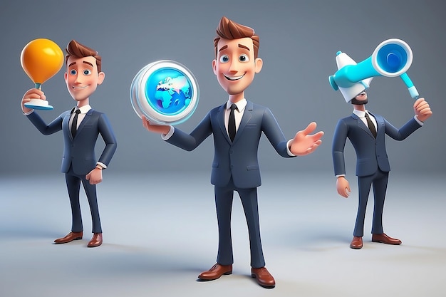 Photo stylized 3d business man showing new product