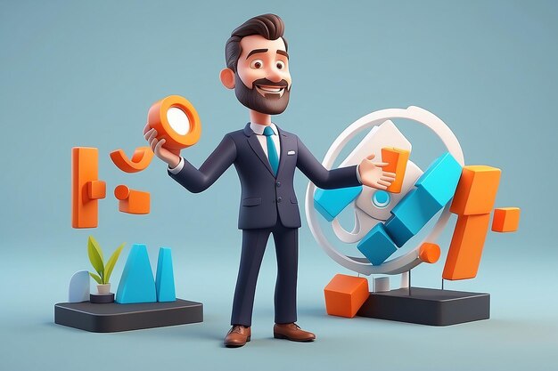 Photo stylized 3d business man showing new product