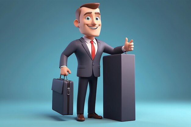 Photo stylized 3d business man showing new product