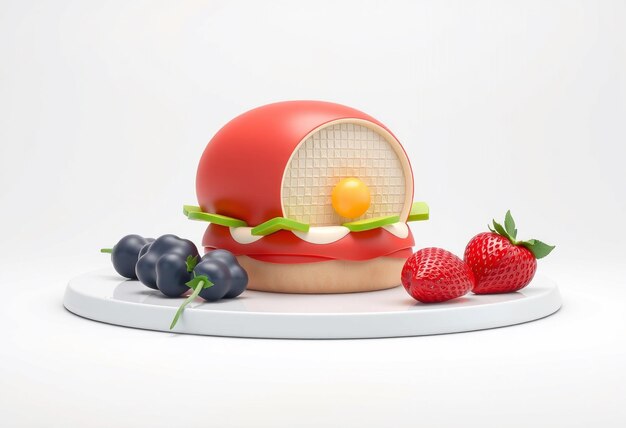 Photo a stylized 3d illustration of a red burger with a yellow orb inside surrounded by strawberries